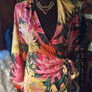 Tropical Floral Wrap Dress
